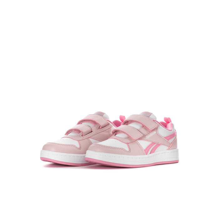 Kids pink and white Reebok sneakers, two hook-and-loop straps