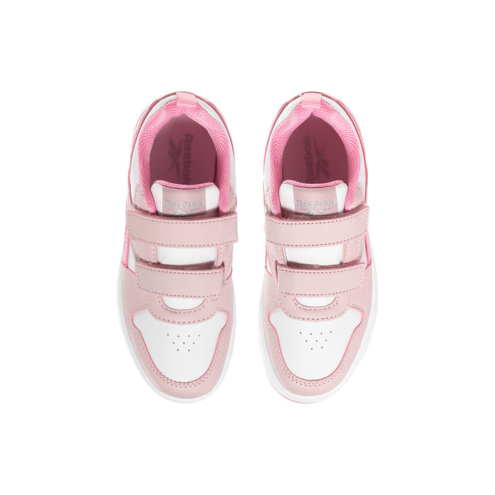 Kids pink and white Reebok sneakers, strap front with small perforations
