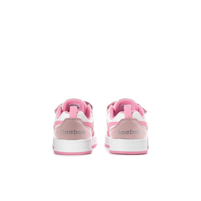 Kids pink and white Reebok sneakers, rear view with Reebok logo