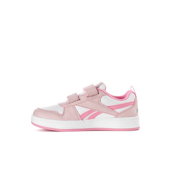 Kids pink and white Reebok sneakers, side profile with stripe detail