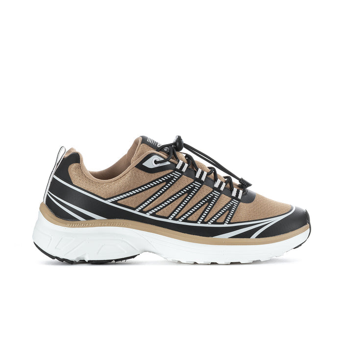 Men's tan and black lace-up sneaker with white striped panels and chunky sole