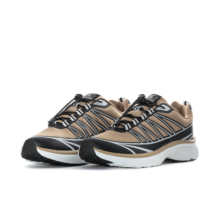 Men's tan and black low-top lace-up sneaker with cushioned sole, angled side view