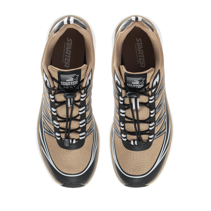 Men's tan lace-up sneaker, black toe cap, 'Starter' tongue label, black striped laces