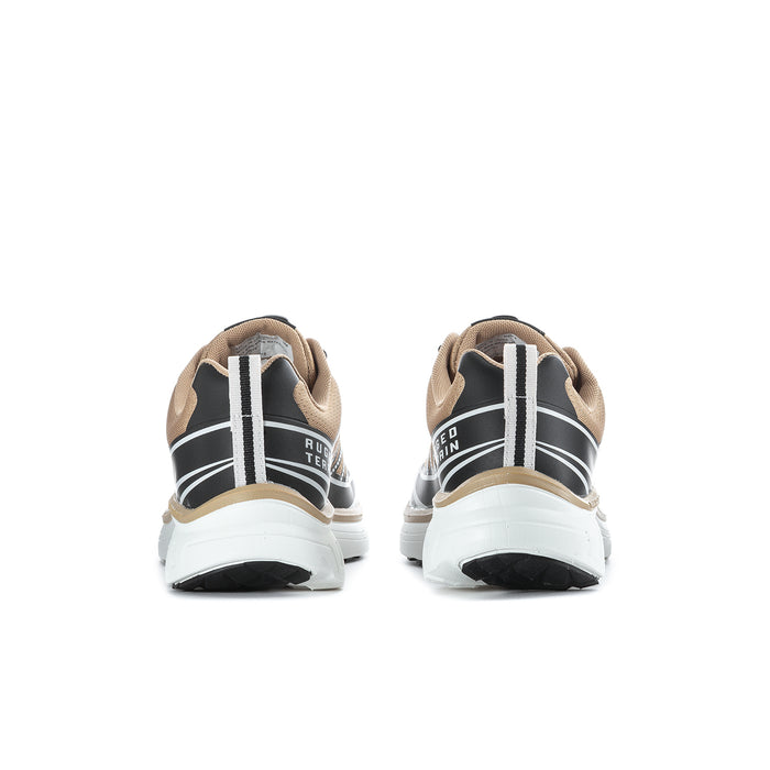 Men's tan and black sneakers with white midsole and rear pull tabs