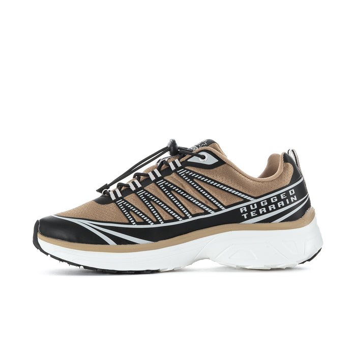 Men's tan and black lace-up sneaker with 'RUGGED TERRAIN' side graphic and white midsole