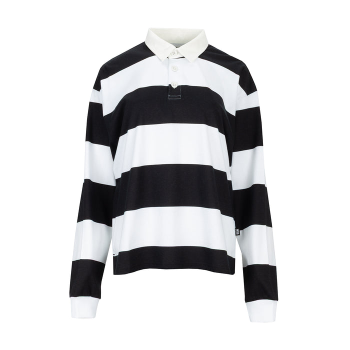 Black and white striped women's rugby polo shirt with buttoned collar