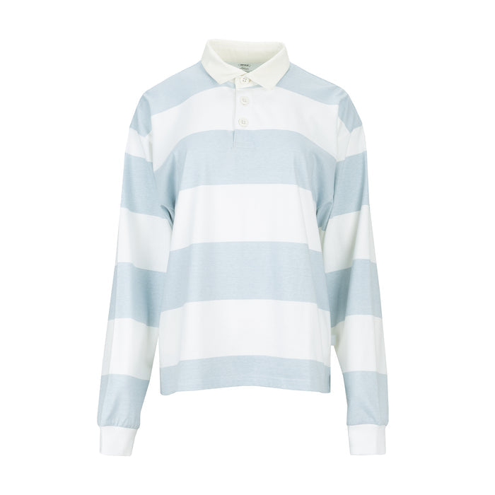 Womens rugby polo shirt, white and light-blue horizontal stripes, long sleeves