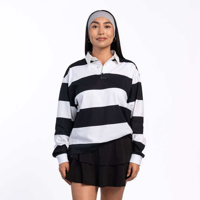 Women's black-and-white striped rugby polo shirt, long sleeves, button placket