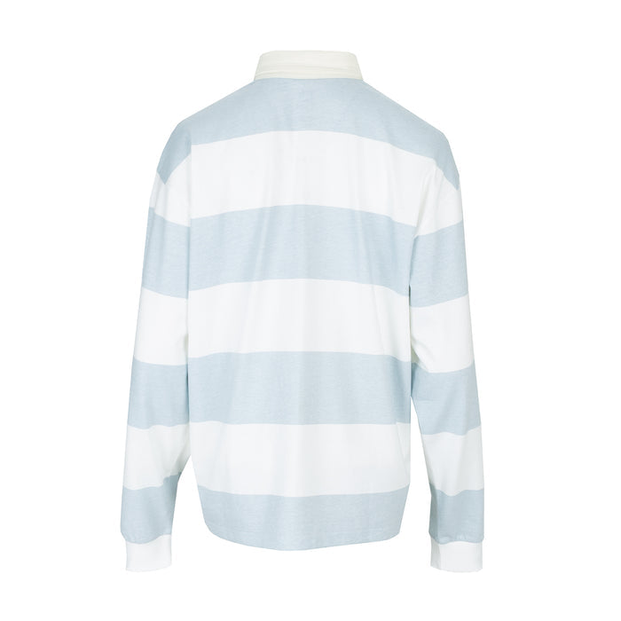 Womens rugby polo shirt back view, white and light-blue horizontal stripe, long sleeves