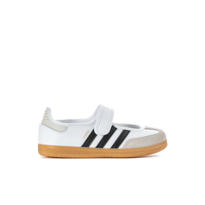 Kids white sneaker with hook-and-loop strap, black stripes, and gum sole