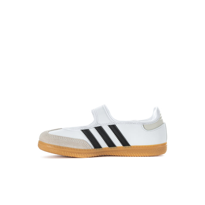 Kids white sneaker with black triple stripes and gum rubber sole