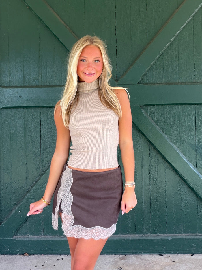 Sasha Lace Trim Faux Suede Mini Skort