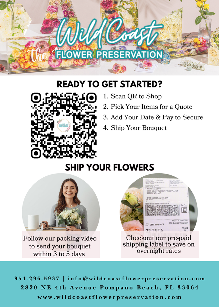 Wild Coast Flower Preservation 2026 shipping service promotional flyer with QR code, first version