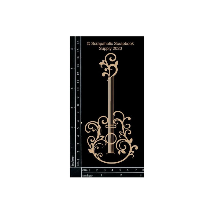 Scrapaholics - Laser Cut Chipboard - 1.8mm Thick - Flourish Guitar - 5.75"X2.75". Available at Embellish Away located in Bowmanville Ontario Canada.