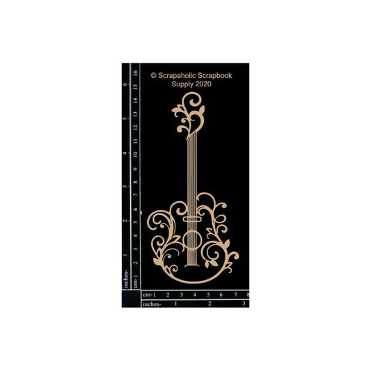 Scrapaholics - Laser Cut Chipboard - 1.8mm Thick - Flourish Guitar - 5.75"X2.75". Available at Embellish Away located in Bowmanville Ontario Canada.