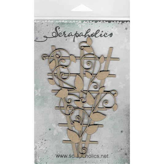 Scrapaholics - Laser Cut Chipboard 2mm Thick - Layered Trellis - 2/Pkg. Size 6"X4". These chipboard shapes with detailed laser cut designs are perfect for complementing all your crafting projects! This package contains two pieces (1 trellis and 1 vine leaf flourish). This design is amazing when combined or used as separate pieces. Available at Embellish Away located in Bowmanville Ontario Canada.