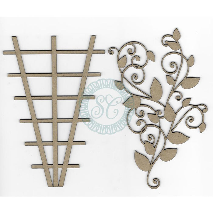 Scrapaholics - Laser Cut Chipboard 2mm Thick - Layered Trellis - 2/Pkg. Size 6"X4". These chipboard shapes with detailed laser cut designs are perfect for complementing all your crafting projects! This package contains two pieces (1 trellis and 1 vine leaf flourish). This design is amazing when combined or used as separate pieces. Available at Embellish Away located in Bowmanville Ontario Canada.