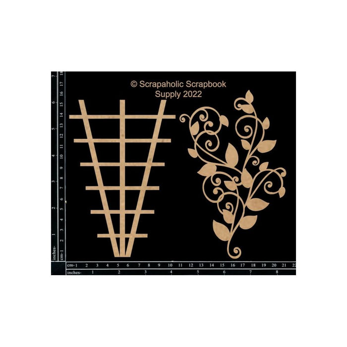 Scrapaholics - Laser Cut Chipboard 2mm Thick - Layered Trellis - 2/Pkg. Size 6"X4". These chipboard shapes with detailed laser cut designs are perfect for complementing all your crafting projects! This package contains two pieces (1 trellis and 1 vine leaf flourish). This design is amazing when combined or used as separate pieces. Available at Embellish Away located in Bowmanville Ontario Canada.