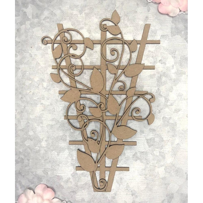 Scrapaholics - Laser Cut Chipboard 2mm Thick - Layered Trellis - 2/Pkg. Size 6"X4". These chipboard shapes with detailed laser cut designs are perfect for complementing all your crafting projects! This package contains two pieces (1 trellis and 1 vine leaf flourish). This design is amazing when combined or used as separate pieces. Available at Embellish Away located in Bowmanville Ontario Canada.