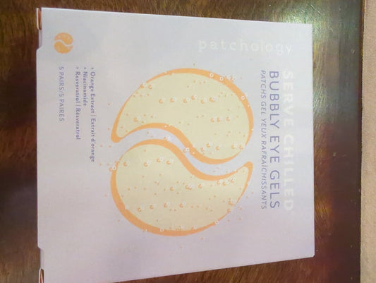 Patchology Serve Chilled Bubbly brightening eye gels in a box of 5 pairs, showing the eye masks with a cooling gel formula.