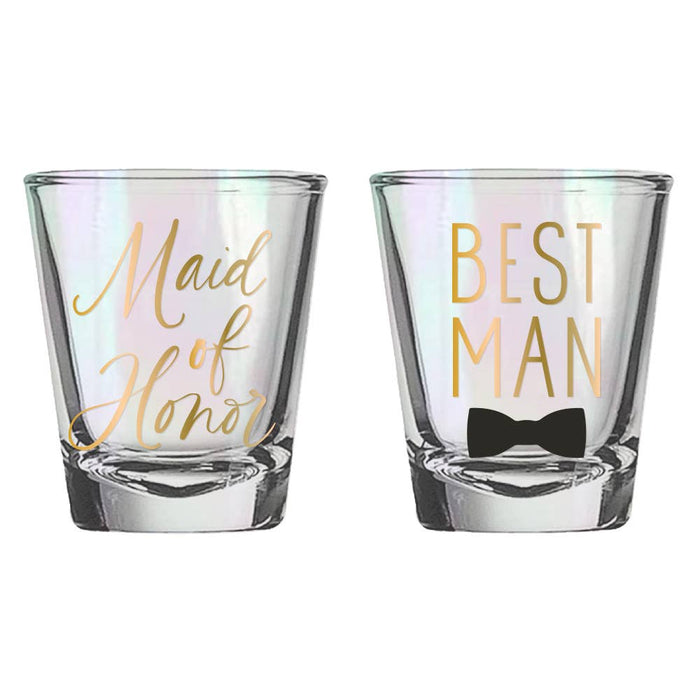 Set of two soiree-sisters maid of honor and best man shot glasses with celebratory designs for wedding toasts
