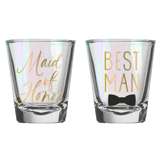 Set of two soiree-sisters maid of honor and best man shot glasses with celebratory designs for wedding toasts