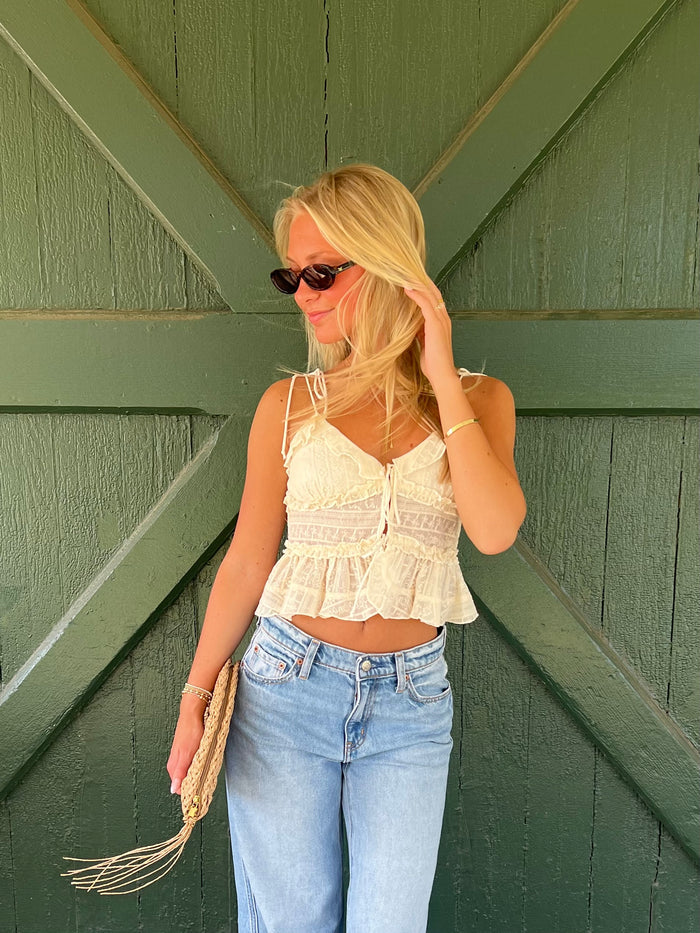 Sienna Ivory Floral Tie Strap Ruffle Crop Top
