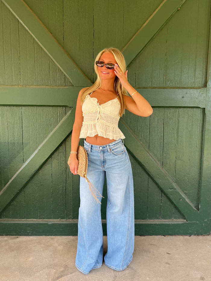 Sienna Ivory Floral Tie Strap Ruffle Crop Top