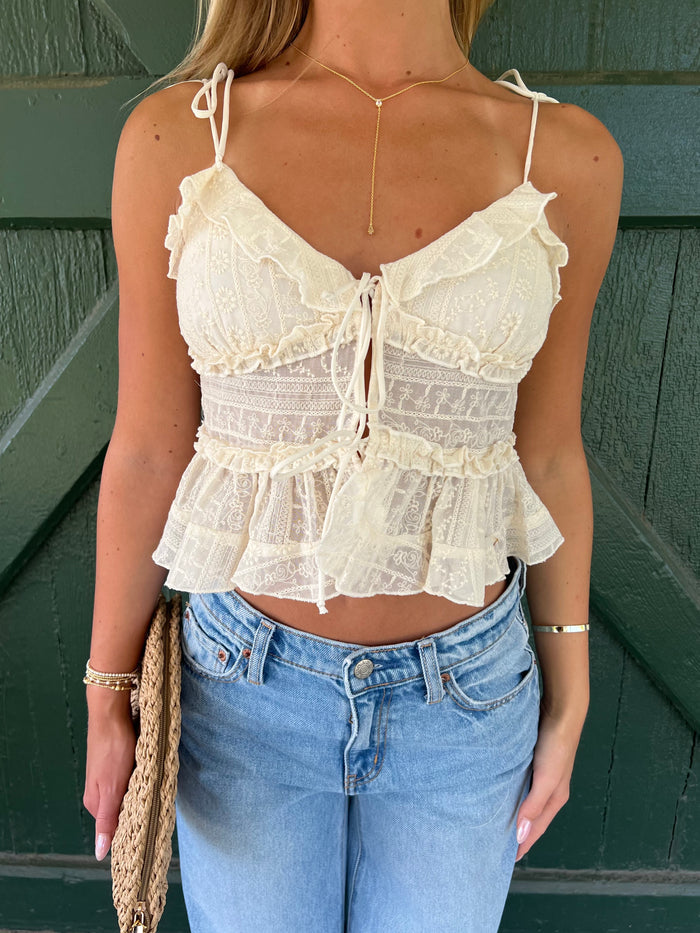Sienna Ivory Floral Tie Strap Ruffle Crop Top