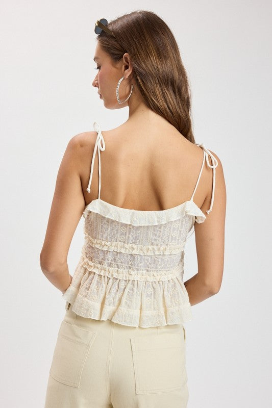 Sienna Ivory Floral Tie Strap Ruffle Crop Top