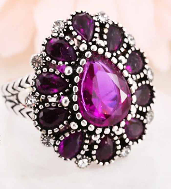 Silver Tone Purple Crystal Big Flower Finger Ring Female Luxury Wedding Ring Size 7
