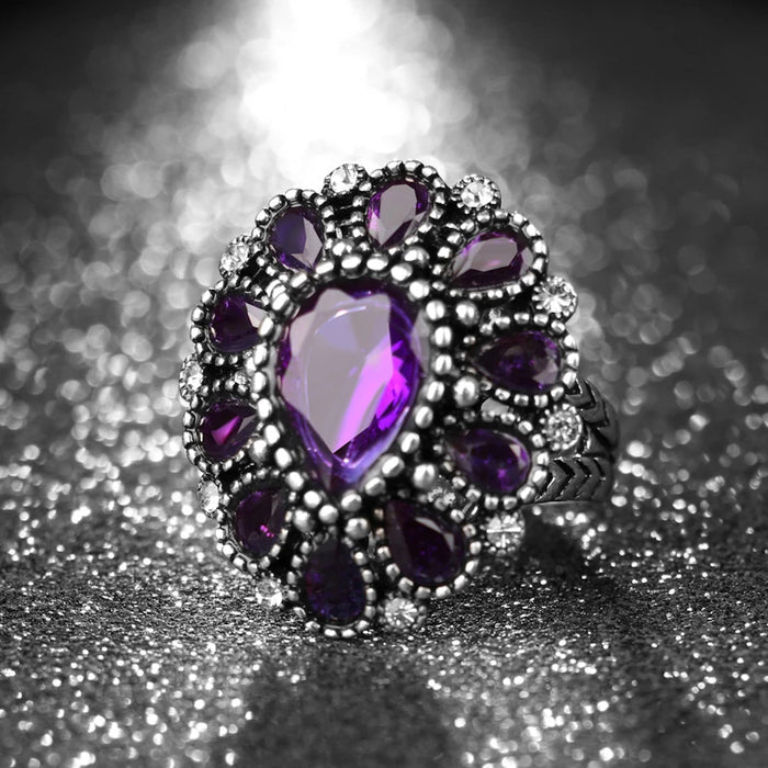 Silver Tone Purple Crystal Big Flower Finger Ring Female Luxury Wedding Ring Size 7