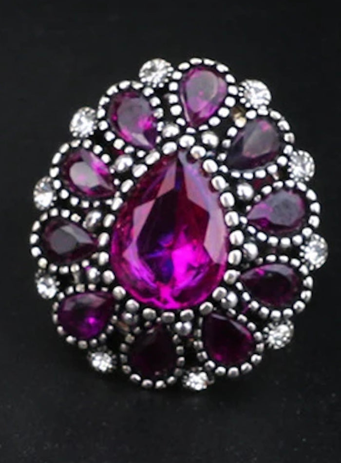Silver Tone Purple Crystal Big Flower Finger Ring Female Luxury Wedding Ring Size 7