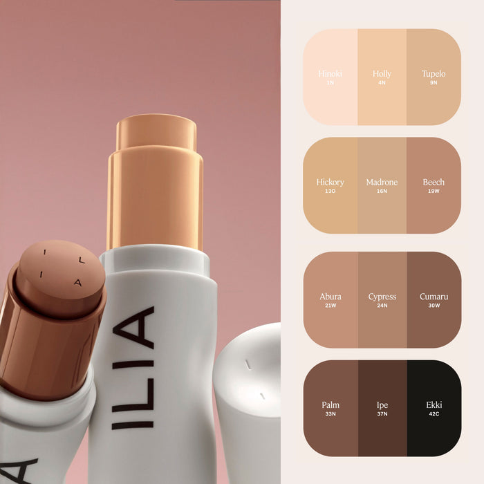 An image showcasing a complexion stick with a twist-up design, alongside a color swatch with various skin tones.