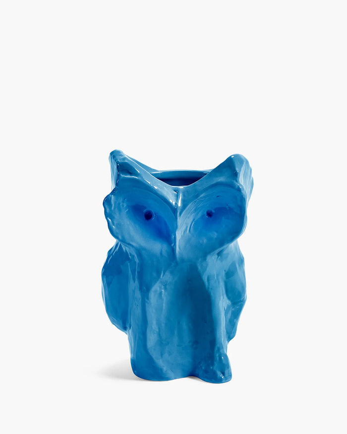 Glazed blue owl vase with sculpted wings and hollow opening on top