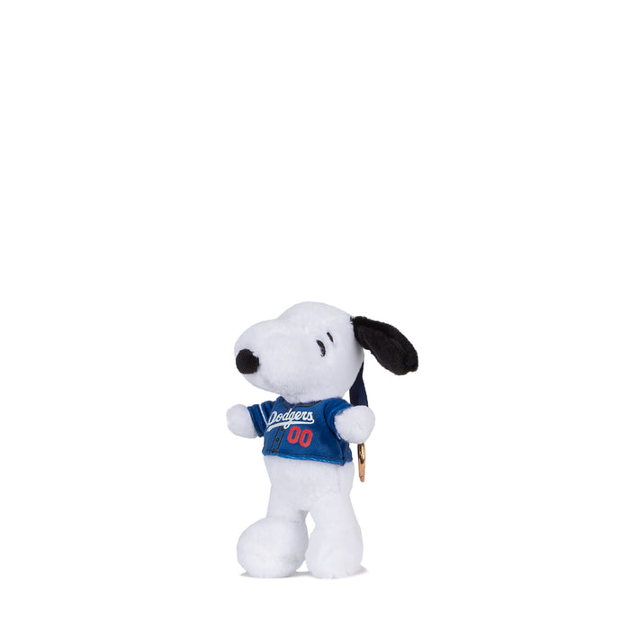 Snoopy plush backpack clip in white, blue Dodgers jersey, gold key ring