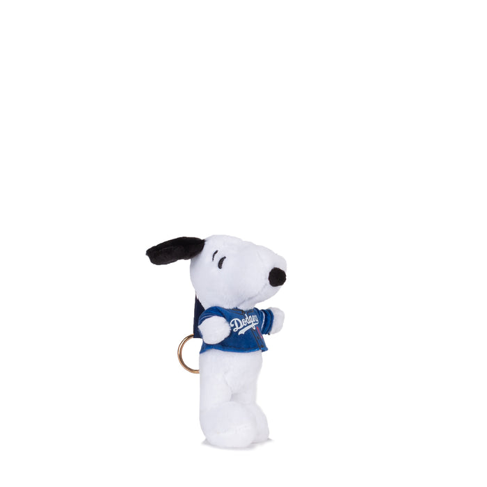 Snoopy plush backpack clip, white with blue Dodgers jersey, key ring loop
