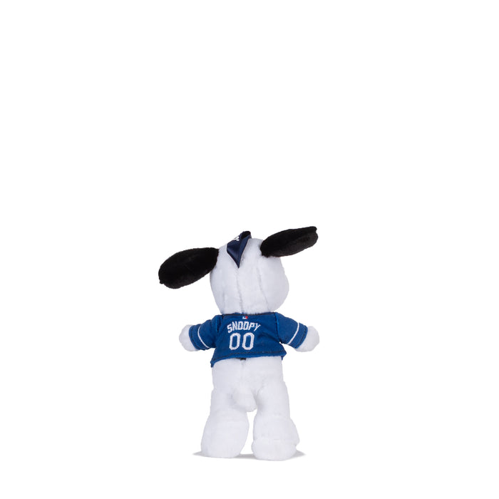 Snoopy plush backpack clip in white, blue Dodgers jersey with '00' print
