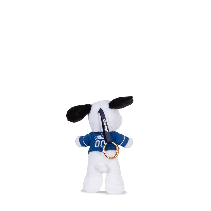 Snoopy plush backpack clip, back view with blue Dodgers strap and gold key ring
