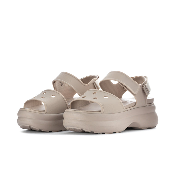 Women's Y-strap platform sandals in light beige with cushioned toe and ankle straps