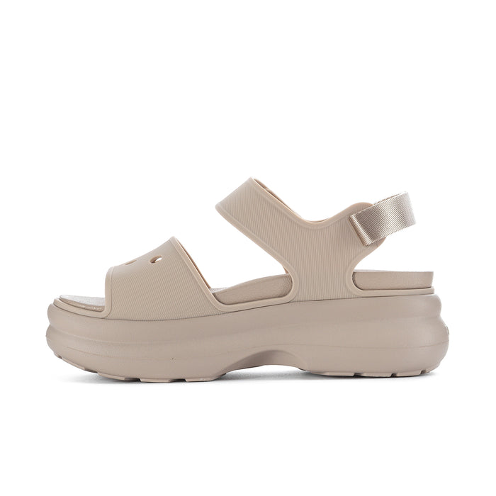 Women's light beige Y-strap platform sandal side profile with textured strap