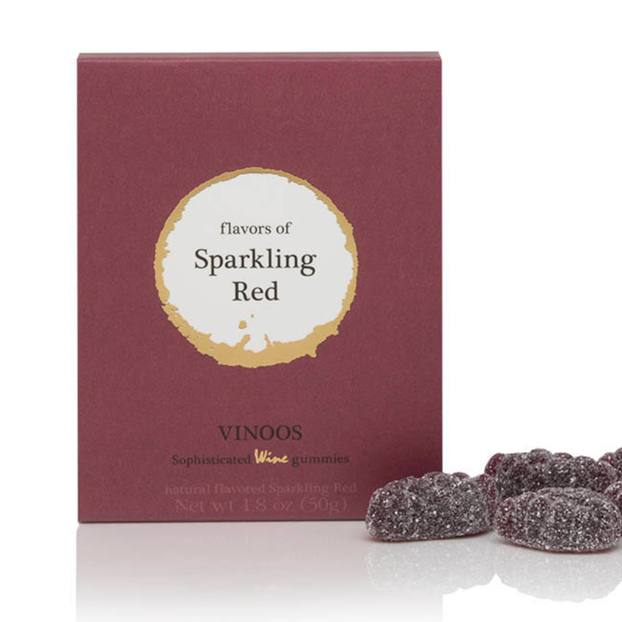 VINOOS Sparkling Red Delights in a single gift box, vegan grape treats with shiny red packaging and elegant presentation.