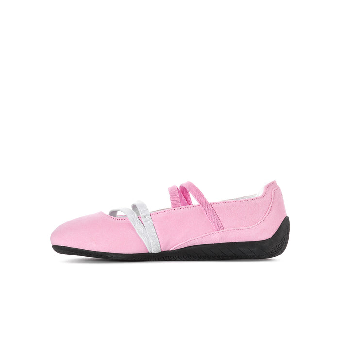Youth ballet sneakers, side view, pink upper with white strap and black sole