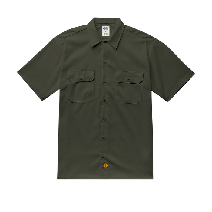 Mens olive green short-sleeve work shirt with button front and two chest pockets