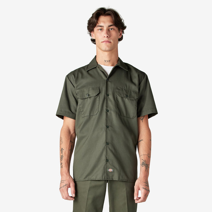 Mens olive green short-sleeve work shirt, button-up front and two chest pockets