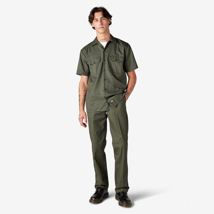 Mens olive green work shirt shown with front button placket and chest pockets