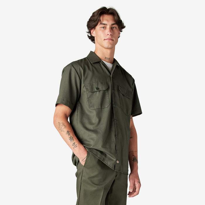 Mens olive green work shirt, front view with two chest pockets and button details