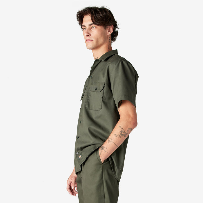 Mens olive green work shirt, side profile with chest pockets and short sleeves