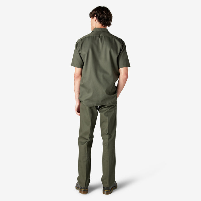 Mens olive green work shirt worn, rear view with short sleeves and straight hem