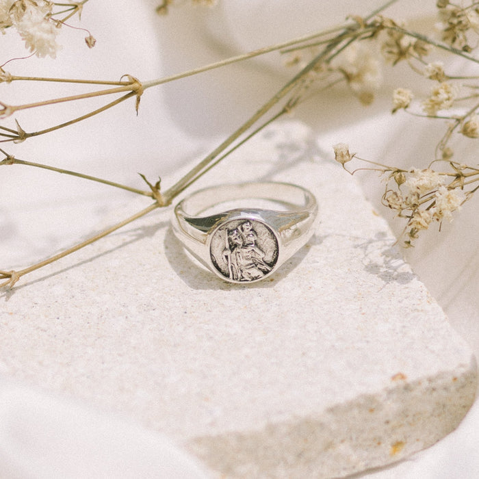 St Christopher Patron Saint of Travel Signet Ring - Silver